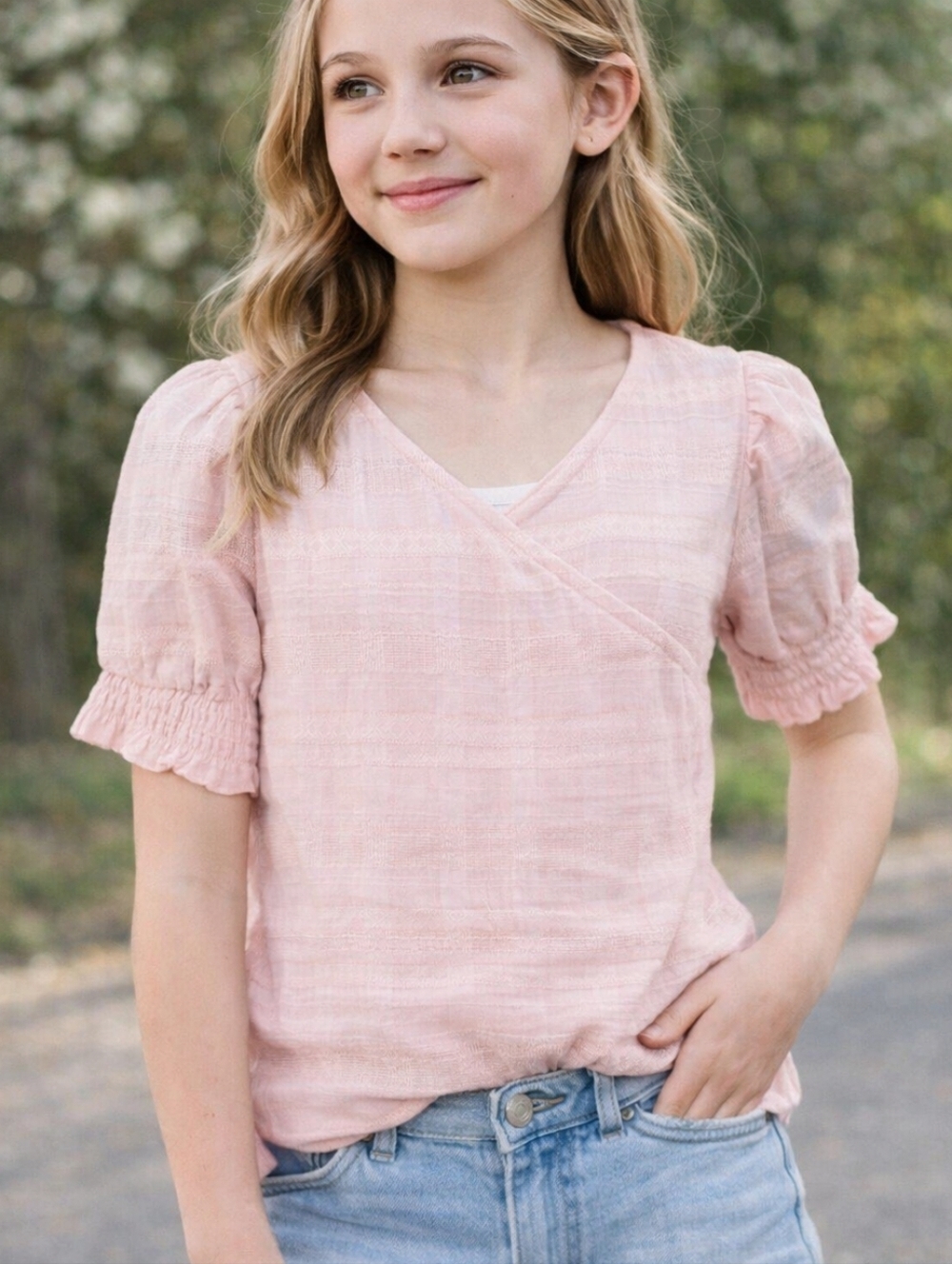 Abercrombie Kids Blush Pink Textured Top Puff Sleeve Boho Size 11/12